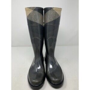 Burberry Wellington Rain Boot Womens EU 37 Black Grey Check Rubber Round Toe